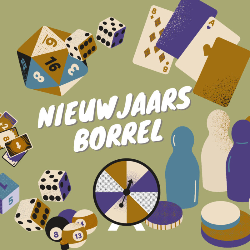 Afbeelding van illustraties diverse spelletjes. Beeldtekst: nieuwjaarsborrel