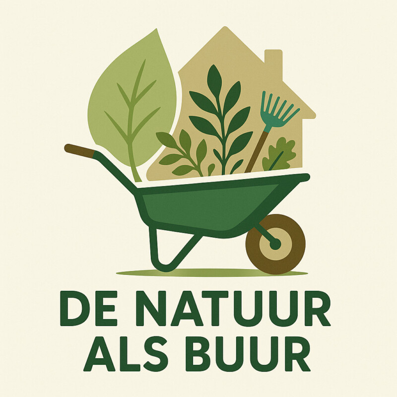 Kruiwagen met bladeren en har. op achtergrond een huis. Beeldtekst: De Natuur als Buur