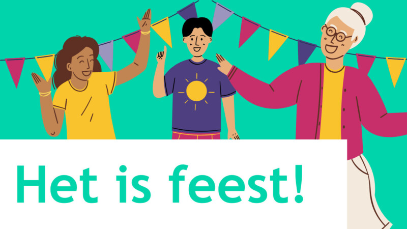 Drie lachende mensen, slingers op de achtergrond. Beeldtekst: Het is feest