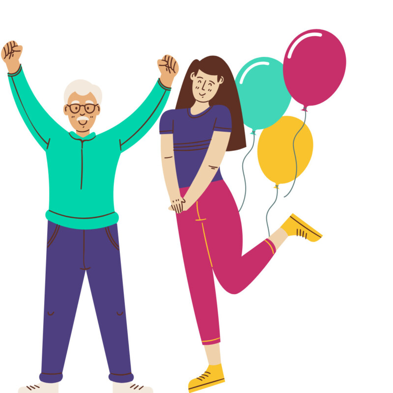 Oude man met armen in de lucht, hij kijkt blij. Jonge vrouw kijkt tevreden, drie ballonnen op de achtergrond