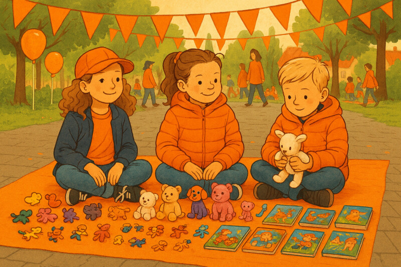 AI gegenereerde afbeelding van drie kinderen die op een kleedje zitten en spulletjes verkopen tijdens Koningsdag