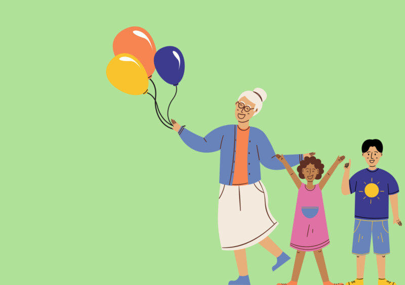 oma, twee kinderen met ballonnen